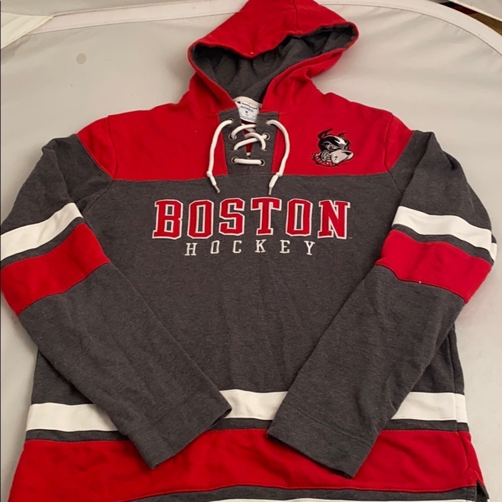 Champion Boston Hockey red gray white lace up front pullover hoodie M